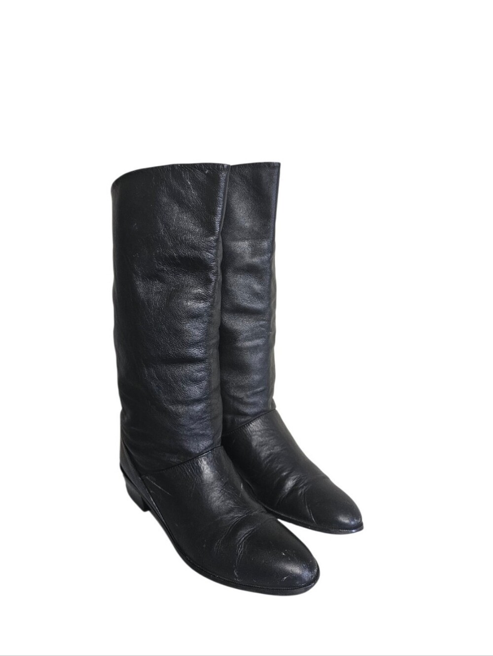 80s Vtg Black Leather Almond Toe Riding Boots Pull On Low Heel Flats Size 10M